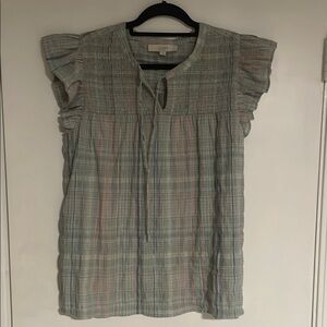 LOFT Green and Gray Flutter Sleeve Blouse with Ruffled Tie Front